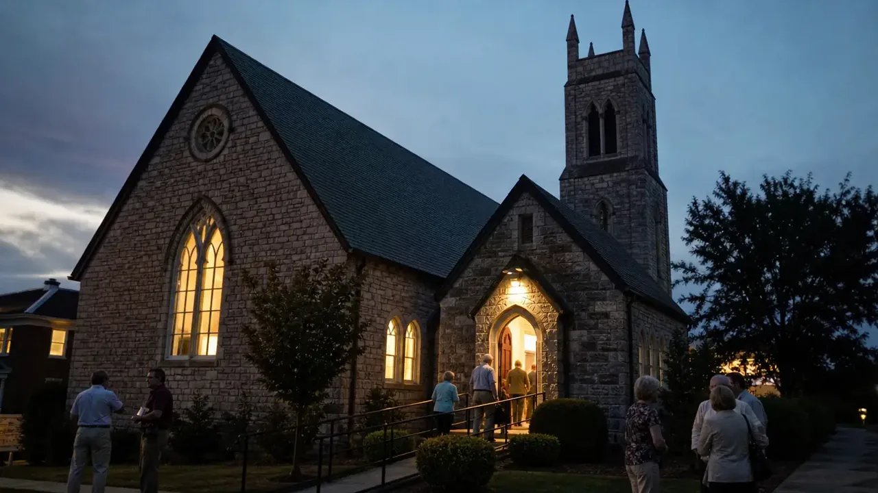 Wheelchair ramp and pew aisle lit by lamps at dusk