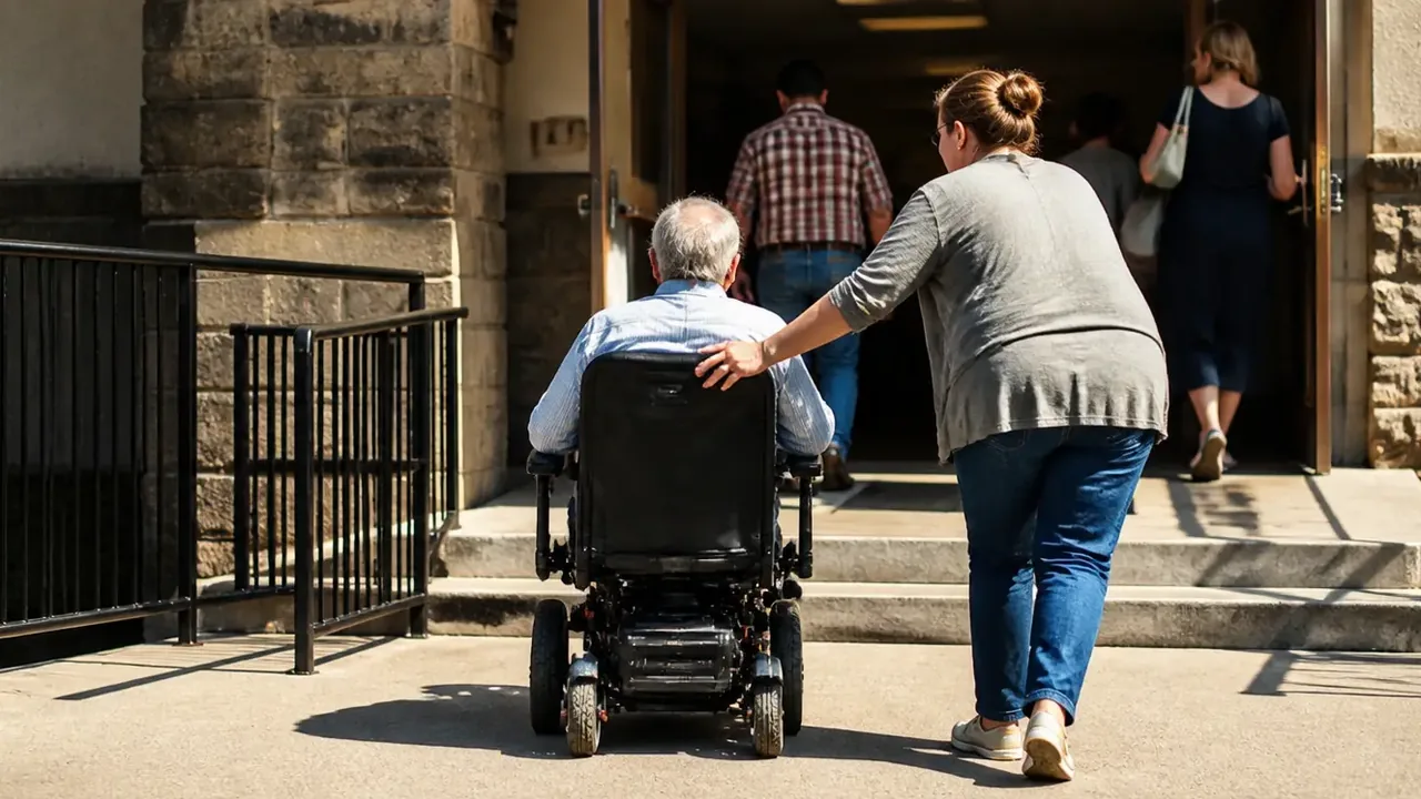 Metal wheelchair ramp along a brick exterior wall in bright sun