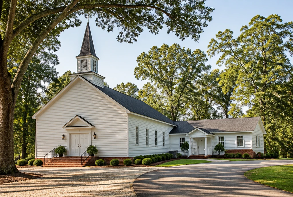 Illustrative rural Alabama church with white clapboard siding, a modest steeple and mature trees