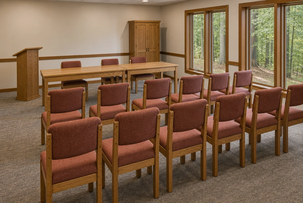 Adult teaching-room concept with wood chairs, separate tables and a lectern