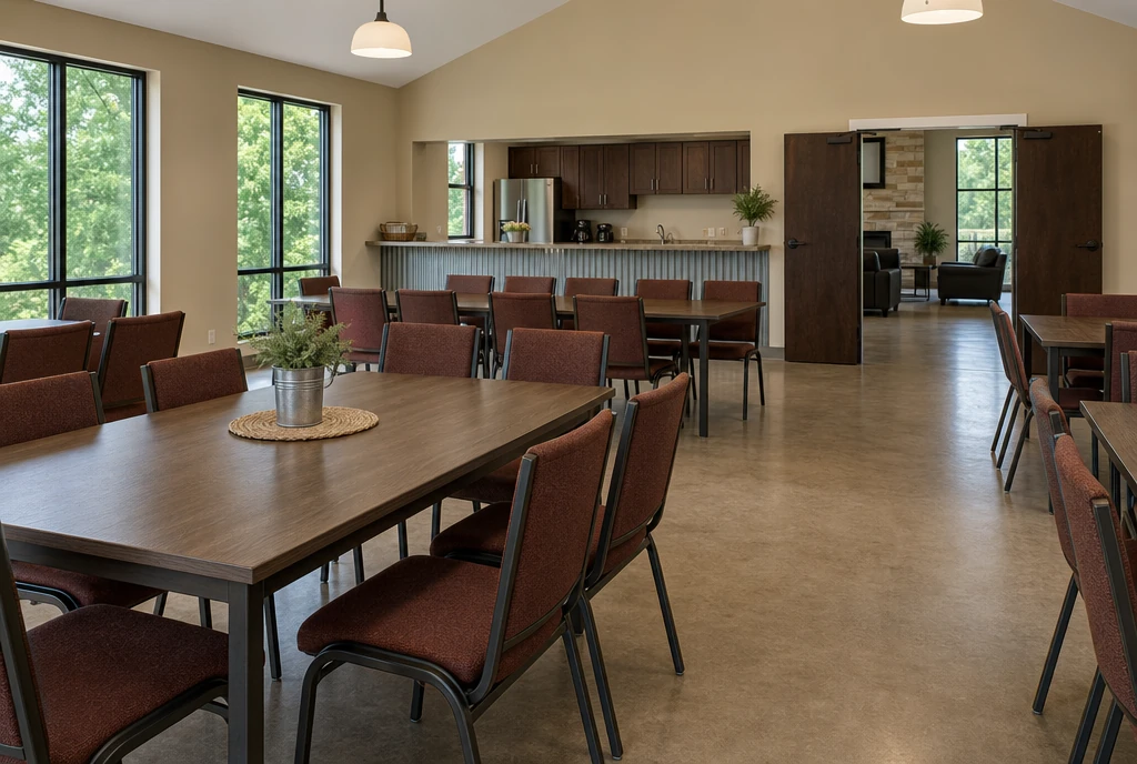 Rust upholstered metal chairs around tables in an illustrative Arkansas fellowship room