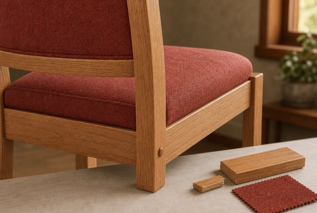 Oak church chair detail with rust upholstery and wood samples