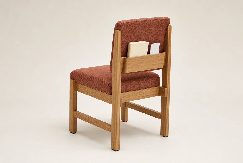 Natural medium-oak hardwood church chair concept with muted rust-red woven fabric and a rear book rack