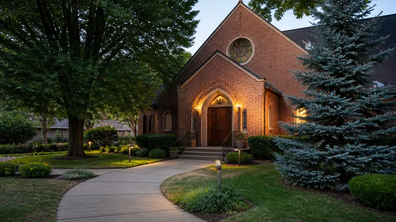 Evening light on a modest brick entrance with a gentle walkway and mature trees