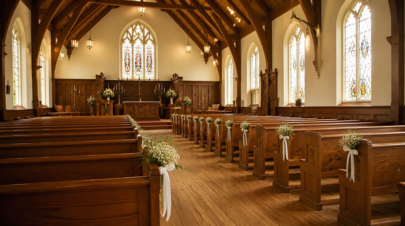 Wooden pews arranged around the central aisle of a church sanctuary