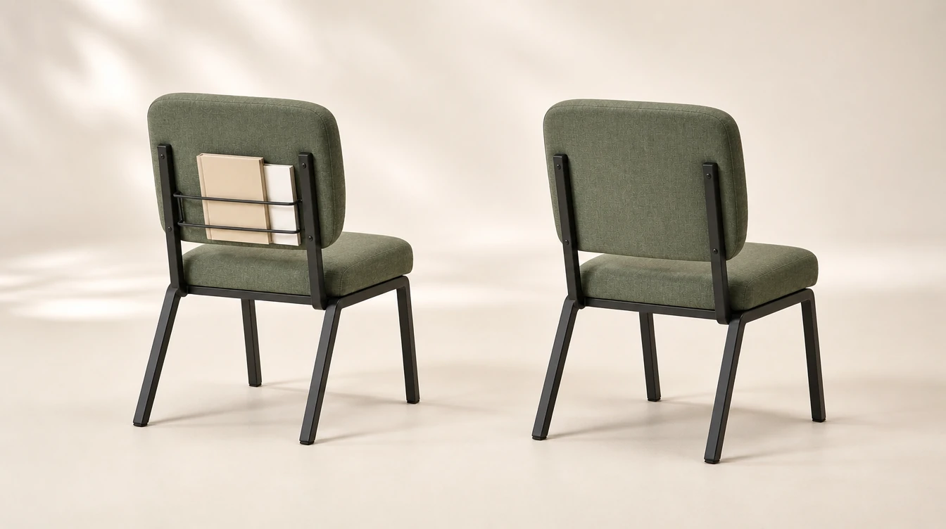 Metal-frame church chair concepts with and without a rear book rack