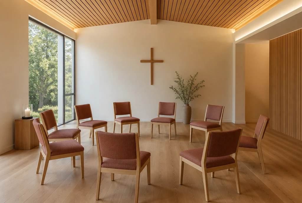 Individual upholstered oak chairs in an illustrative California church chapel