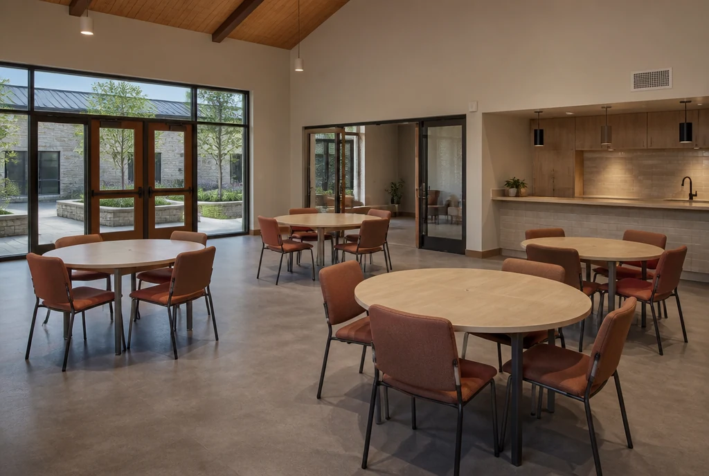 Illustrative California fellowship hall with upholstered chairs and tables beside courtyard doors