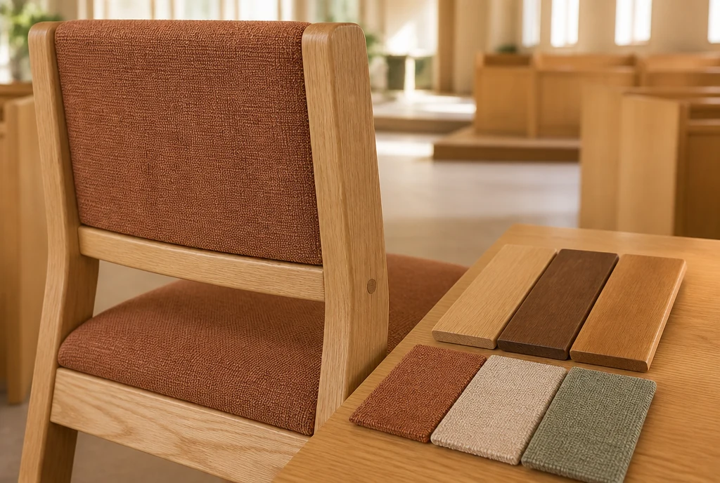 Light-oak church chair detail with wood and clay, oatmeal and green upholstery samples