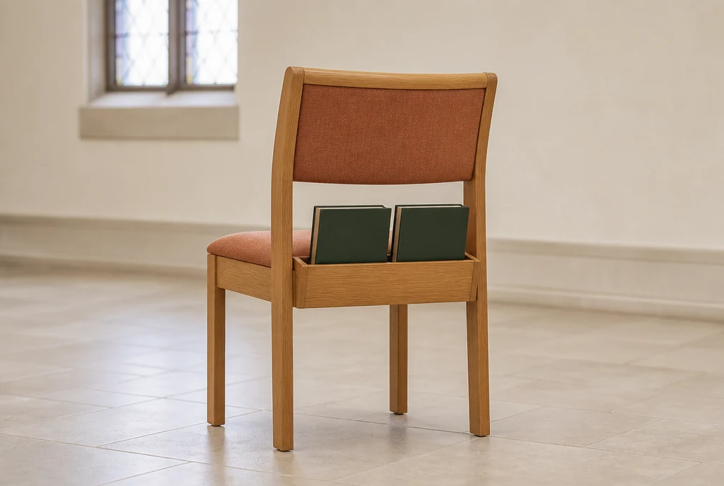 Light-oak church chair concept with muted clay upholstery and a rear book rack