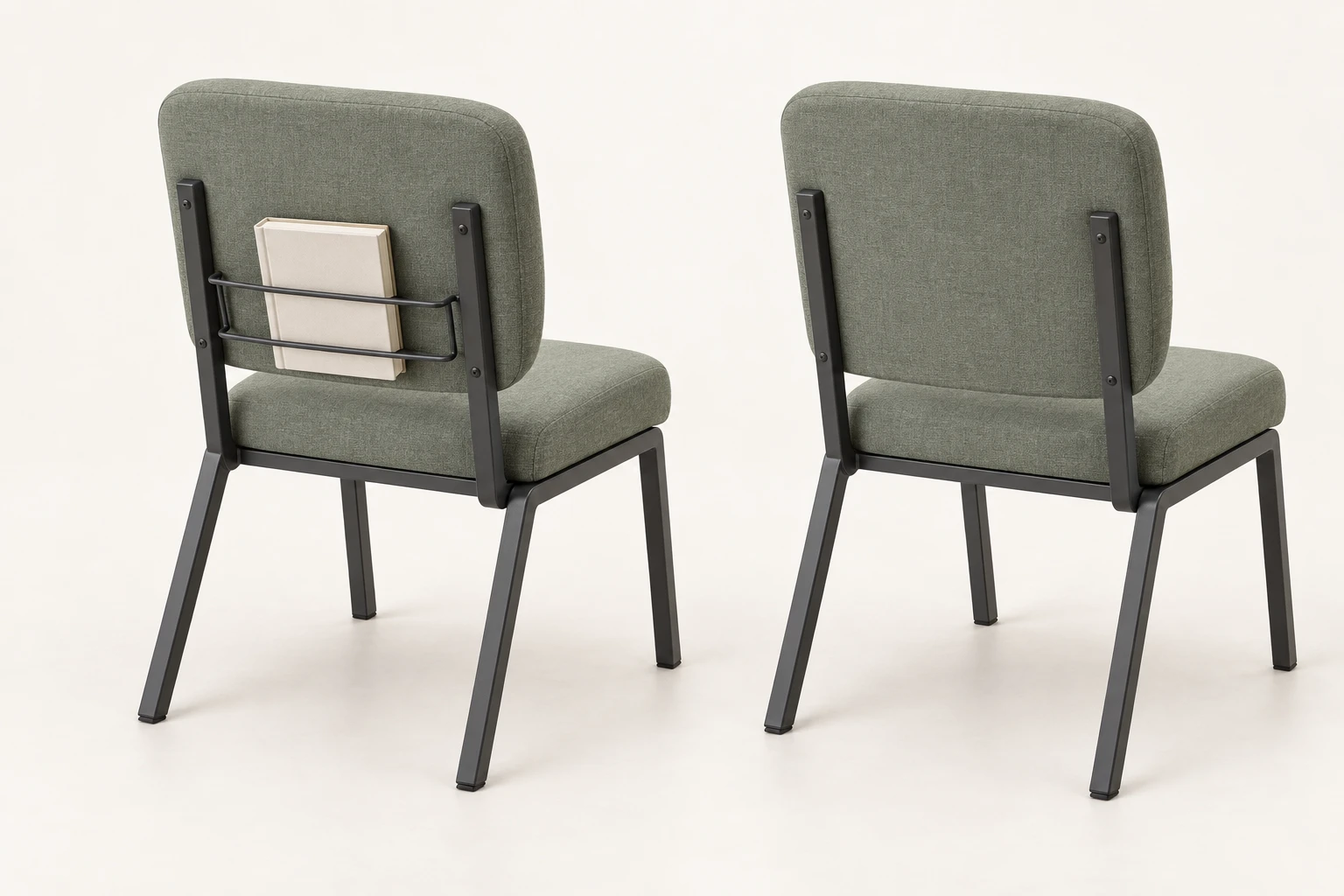 Upholstered metal-frame church chair concepts, shown with and without a rear book rack