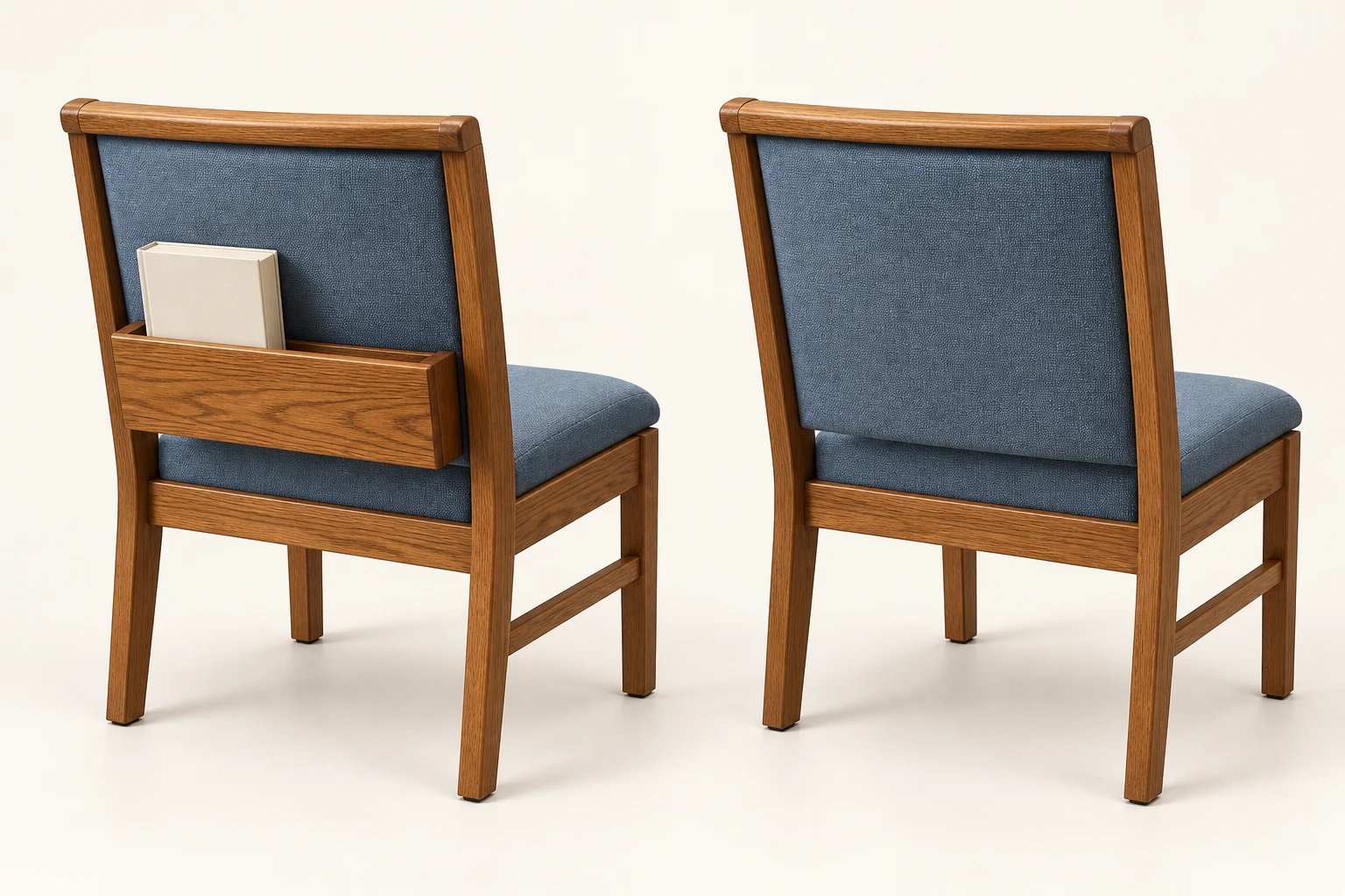 Traditional wood-frame church chair concepts, shown with and without a rear book rack