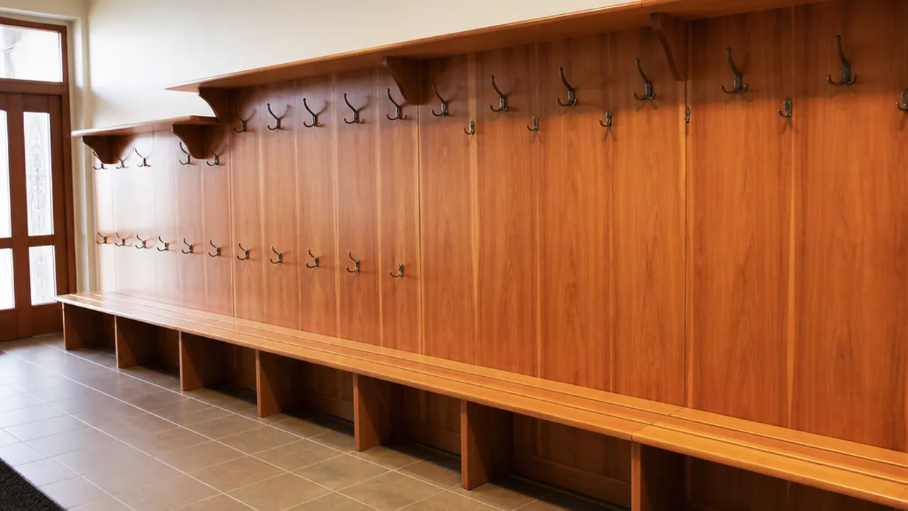 Coat area with wooden hooks at varied heights, a shelf above, and a bench below