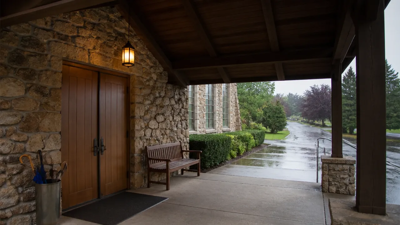Covered entry portico with a deep overhang sheltering wooden double doors, a bench and umbrella stand beside them