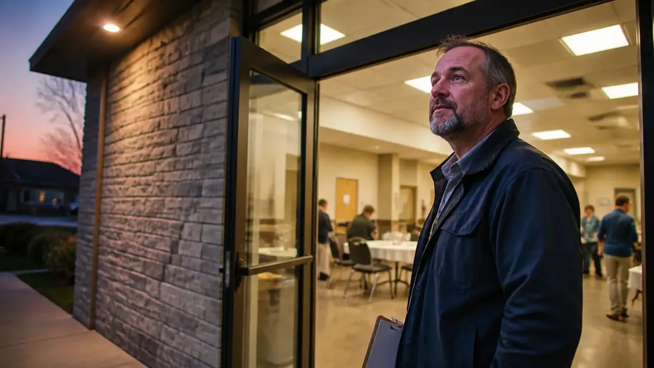 A manager reviewing the fellowship hall layout in warm evening light