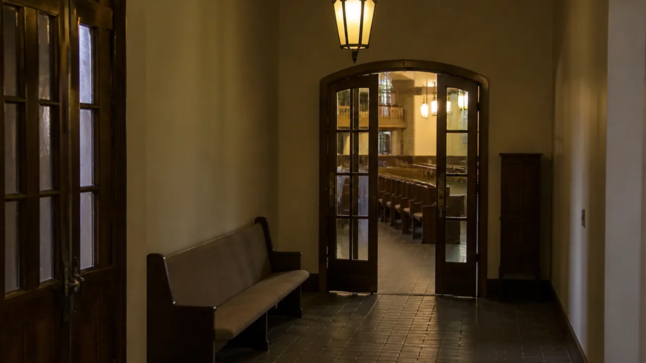 Quiet vestibule between outer and inner doors with a padded bench and soft lamplight