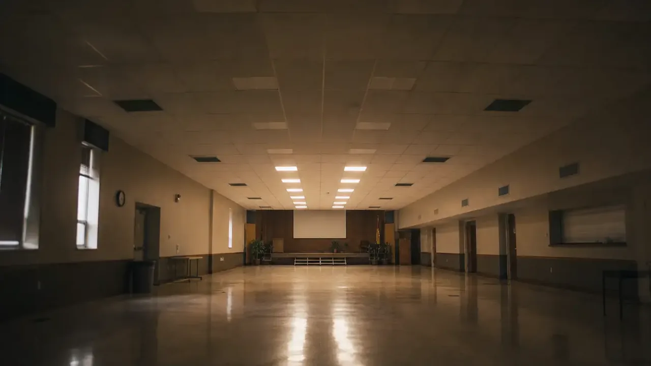 Empty fellowship hall with stacked chairs lit by one row of lights