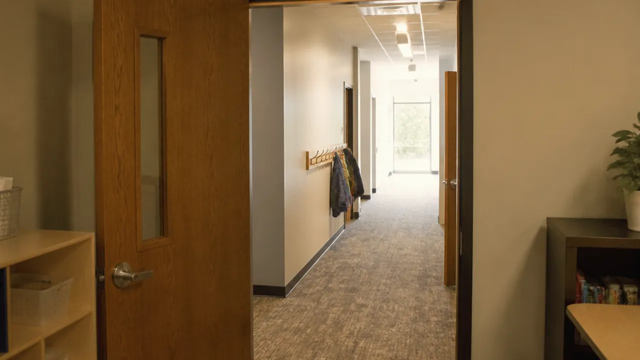 Wooden door with a vision panel opening onto a hallway with coat hooks and low shelving