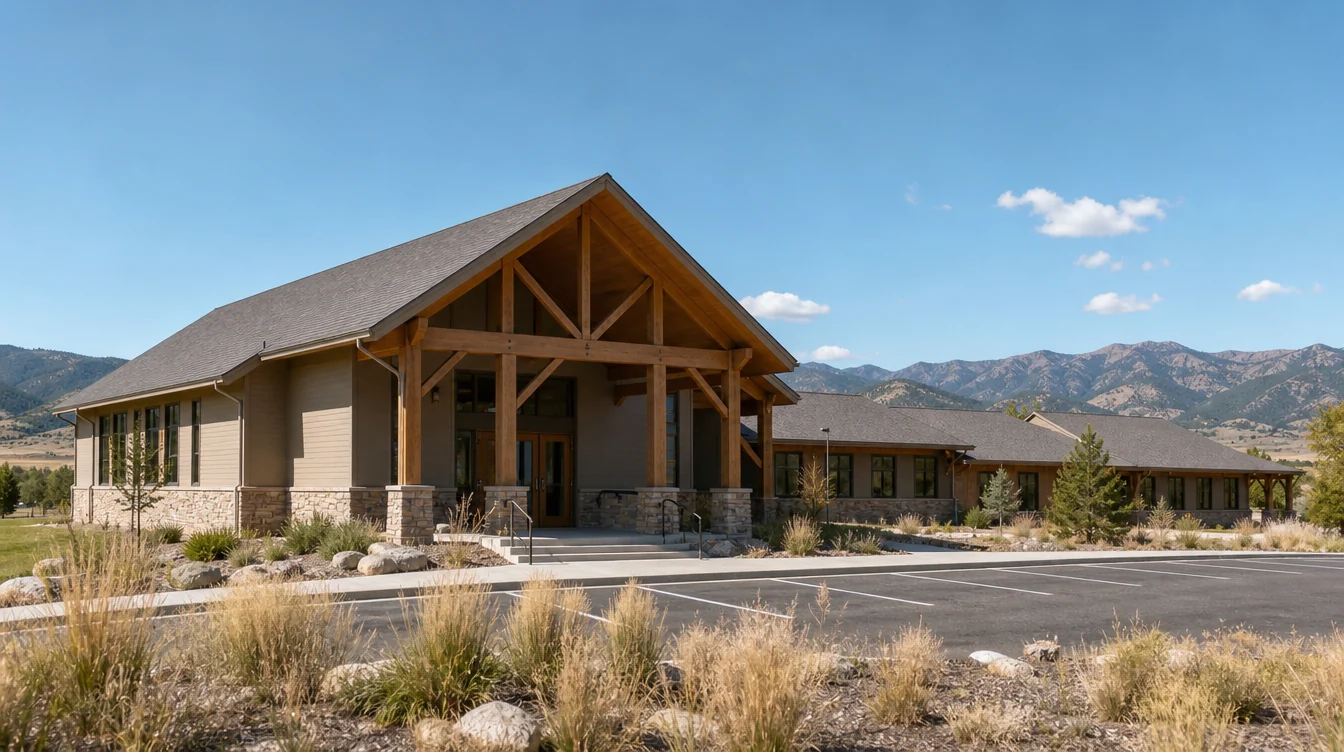 An unnamed Colorado Front Range church with modest stone base, warm timber entry, simple broad gabled roof and an attached low fellowship wing, dry native planting and foothills well back in the landscape
