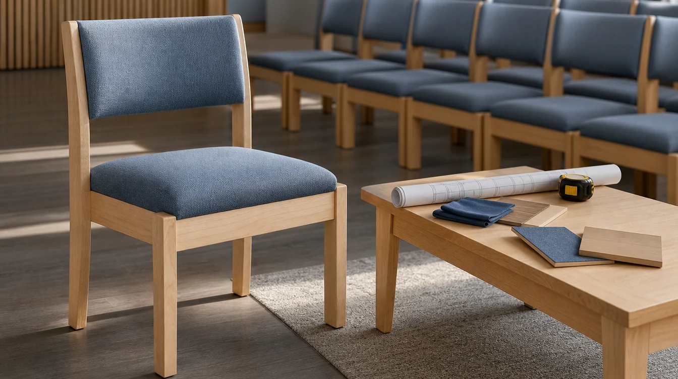 Colorado church chair, finish samples and room-planning materials
