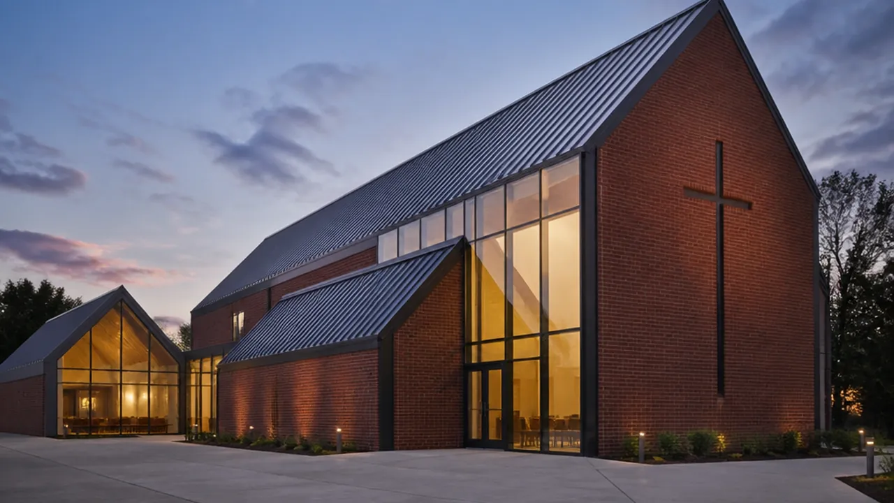 Contemporary building at dusk with warm light glowing through glass onto an empty forecourt