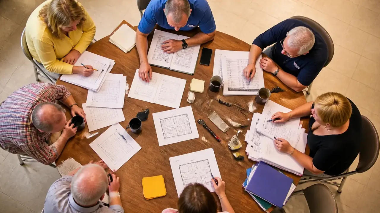 Overhead view of rows of folding chairs added to a sanctuary aisle