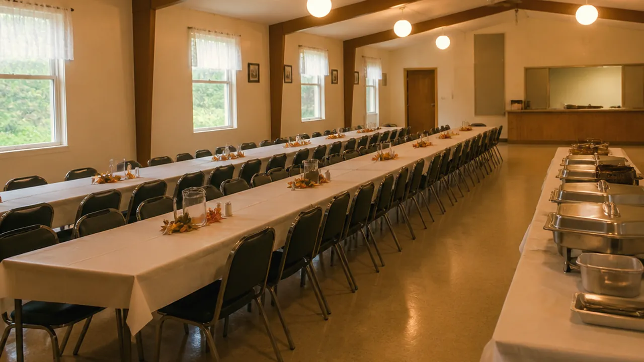 Tables and chairs arranged for a meal in a church fellowship hall