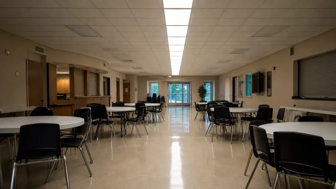 Empty church lobby with a welcome table lit by one row of lights