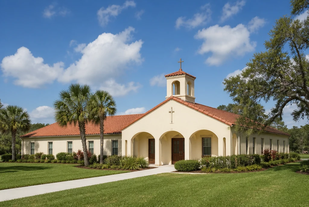 Illustrative ivory stucco church with a tile roof, sabal palms and live oak in a Florida Gulf Coast setting