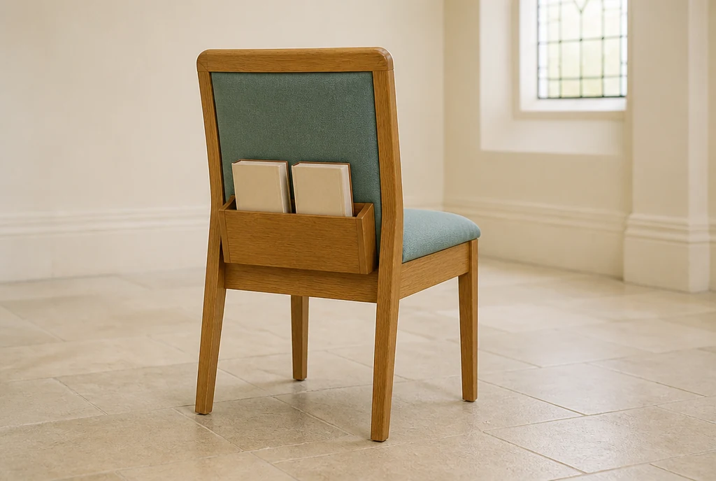 Rear three-quarter view of a honey-oak church chair concept with sea-green upholstery and a rear book rack