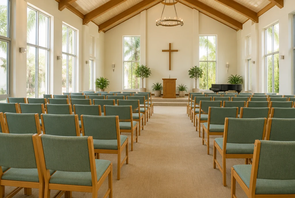 Honey-oak chairs with sea-green upholstery arranged in a bright illustrative Florida church sanctuary