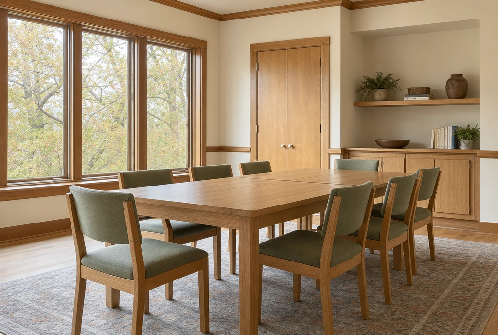 Full-size oak chairs with sage upholstery around meeting tables in an illustrative Georgia church classroom