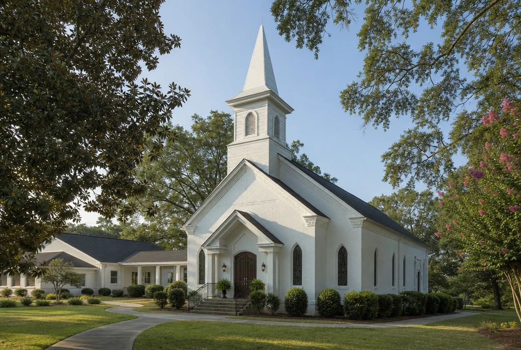 Illustrative Georgia Piedmont church with pale brick, a modest steeple and magnolia-lined grounds