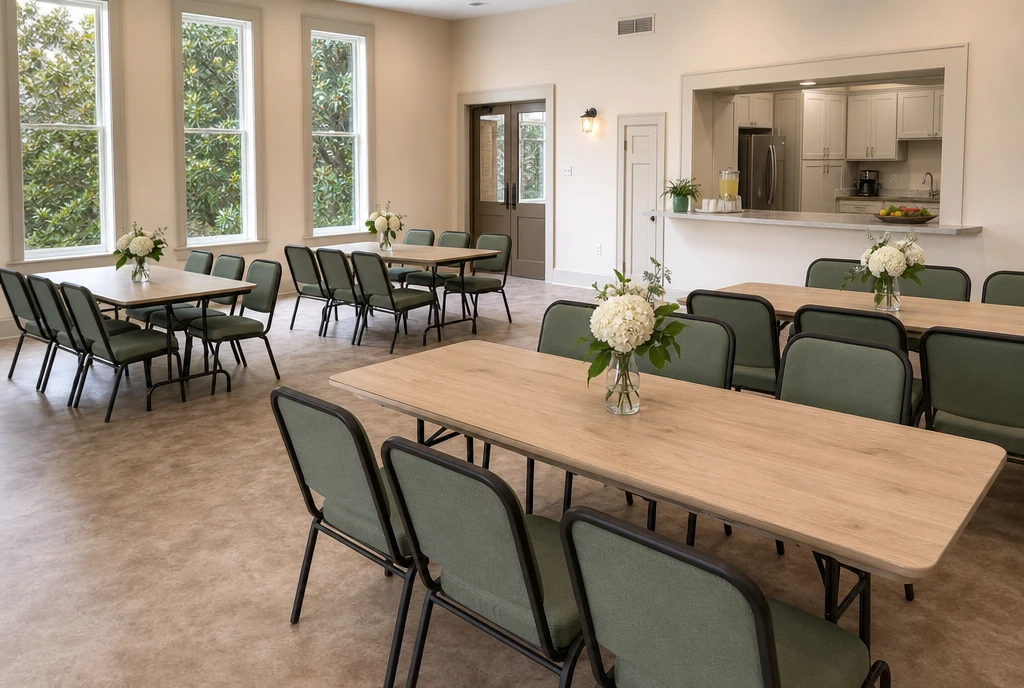 Rectangular tables and sage upholstered chairs in an illustrative Georgia church fellowship room
