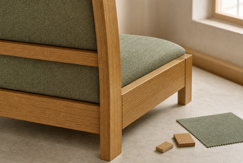 Natural oak chair joinery with sage-green upholstery and small wood and fabric samples