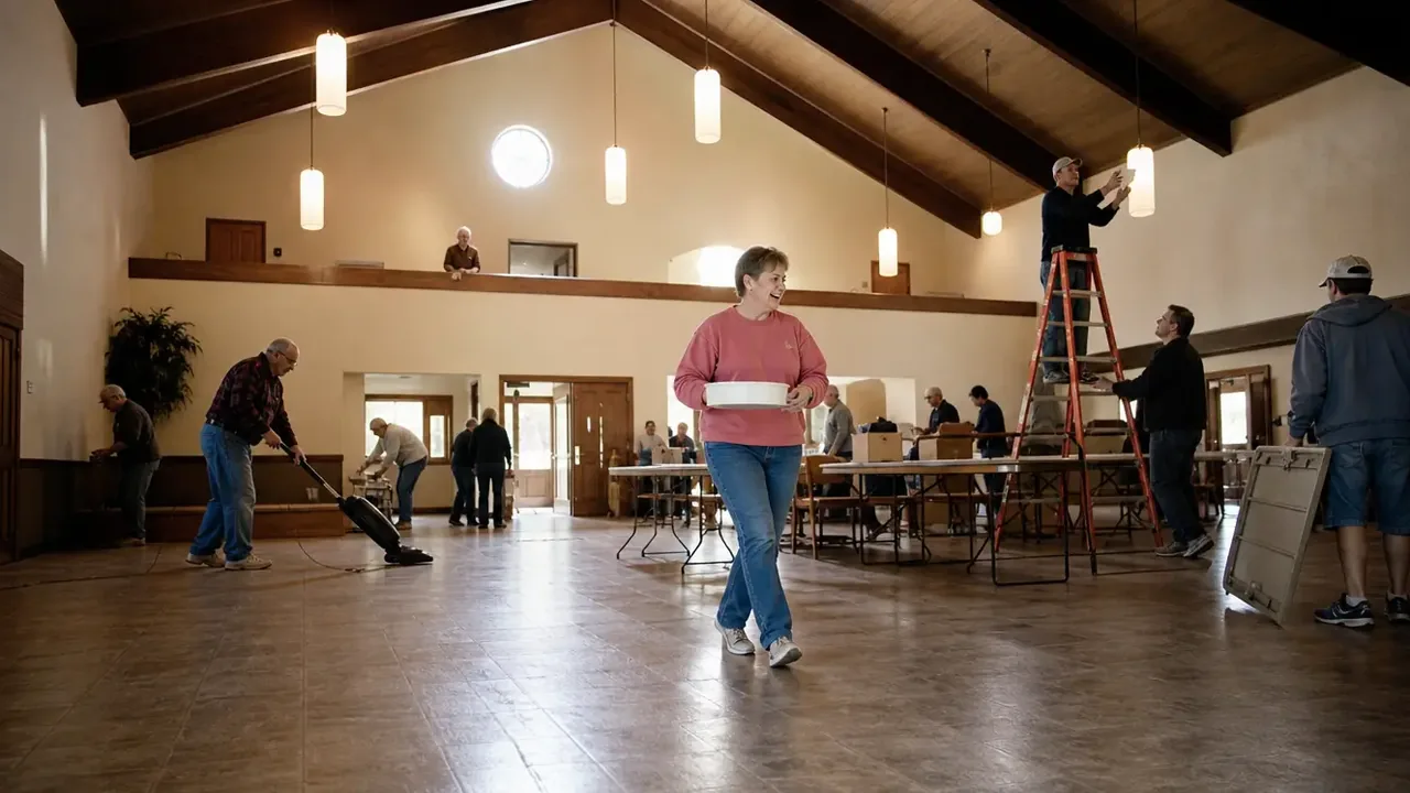 Low-angle view of a church sanctuary's full height with wooden pews