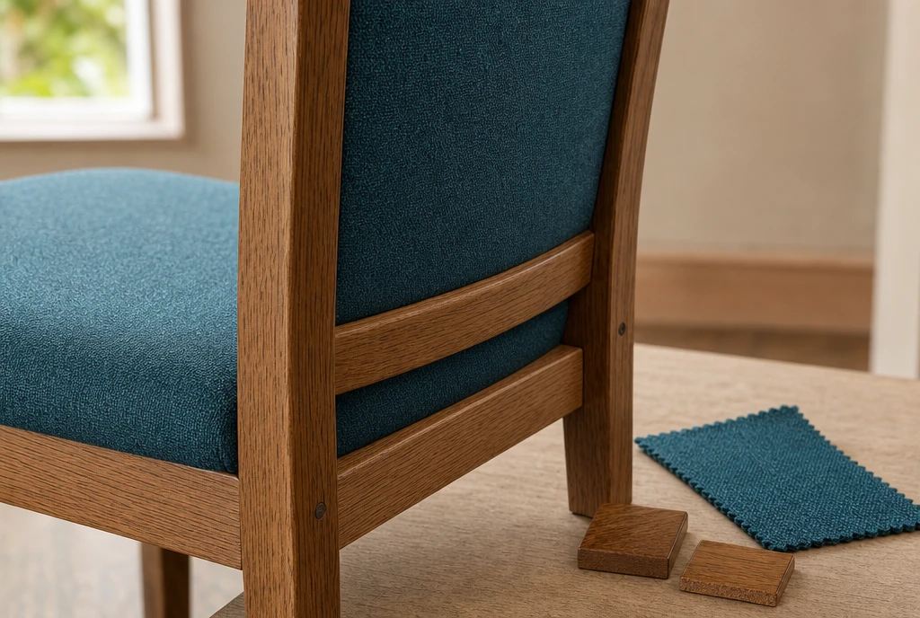 Oak church chair material detail with teal upholstery and finish samples
