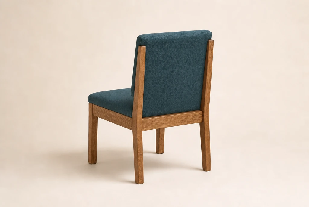 Medium brown oak church chair concept with muted deep teal woven fabric and no rear book rack