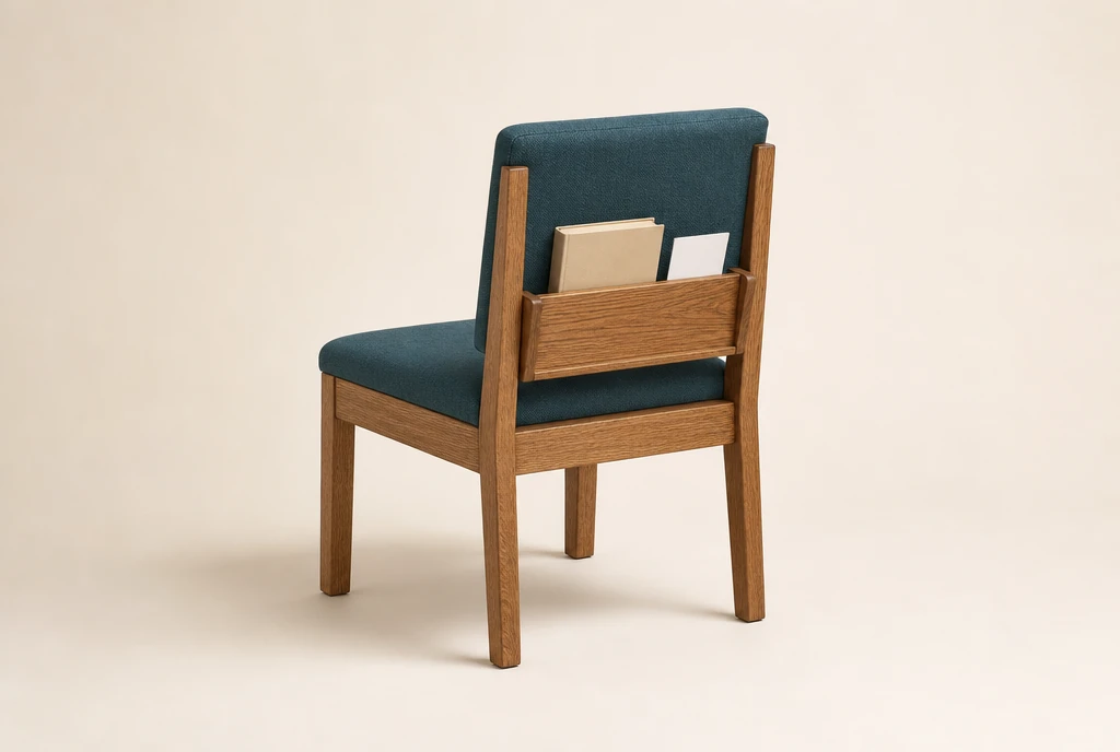 Medium brown oak church chair concept with muted deep teal woven fabric and a rear book rack