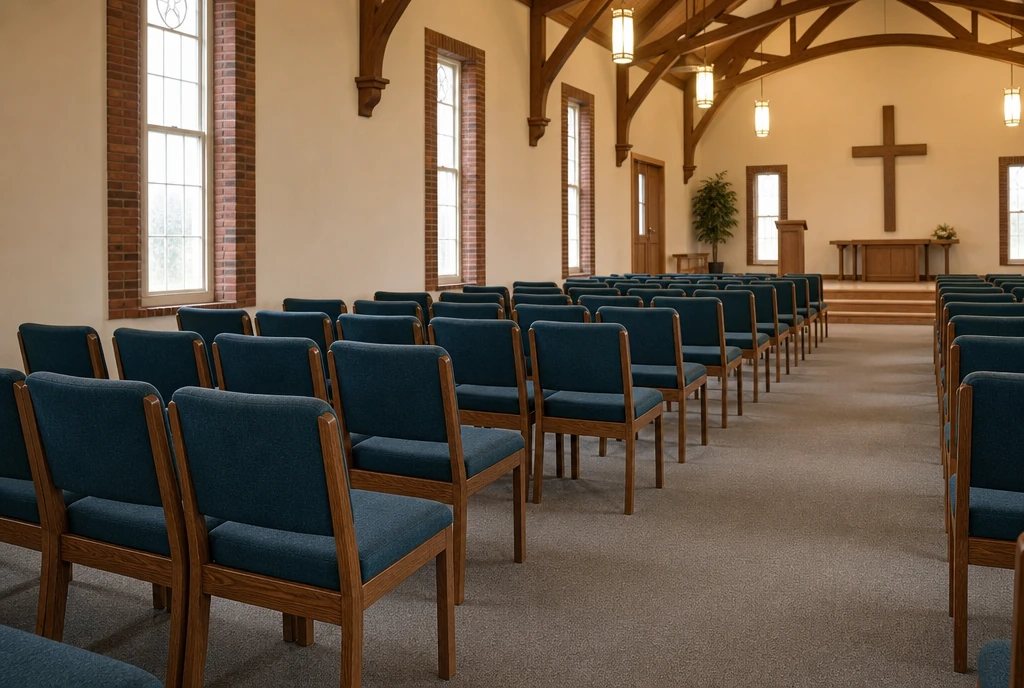 Individual teal upholstered oak chairs in an illustrative Illinois sanctuary