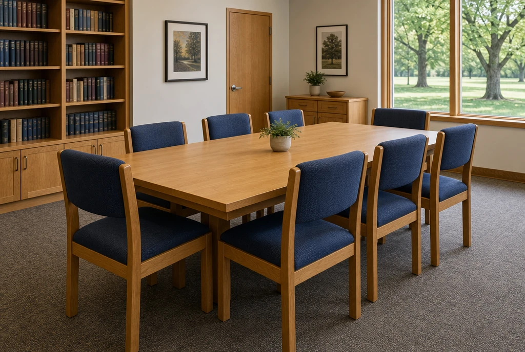 Full-size navy upholstered wood chairs around a study table in an illustrative Indiana church classroom