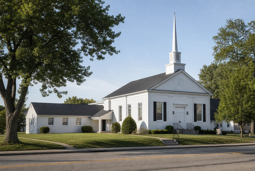 Illustrative church exterior in a northeastern Indiana small-town setting