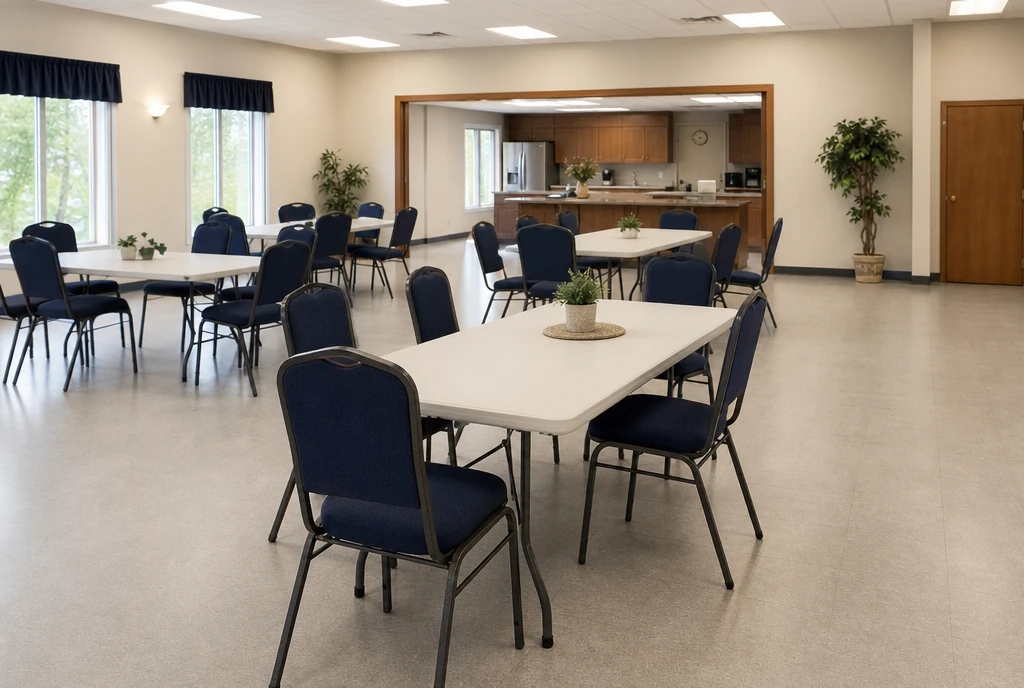 Navy upholstered metal chairs and rectangular tables in an illustrative Indiana church community room