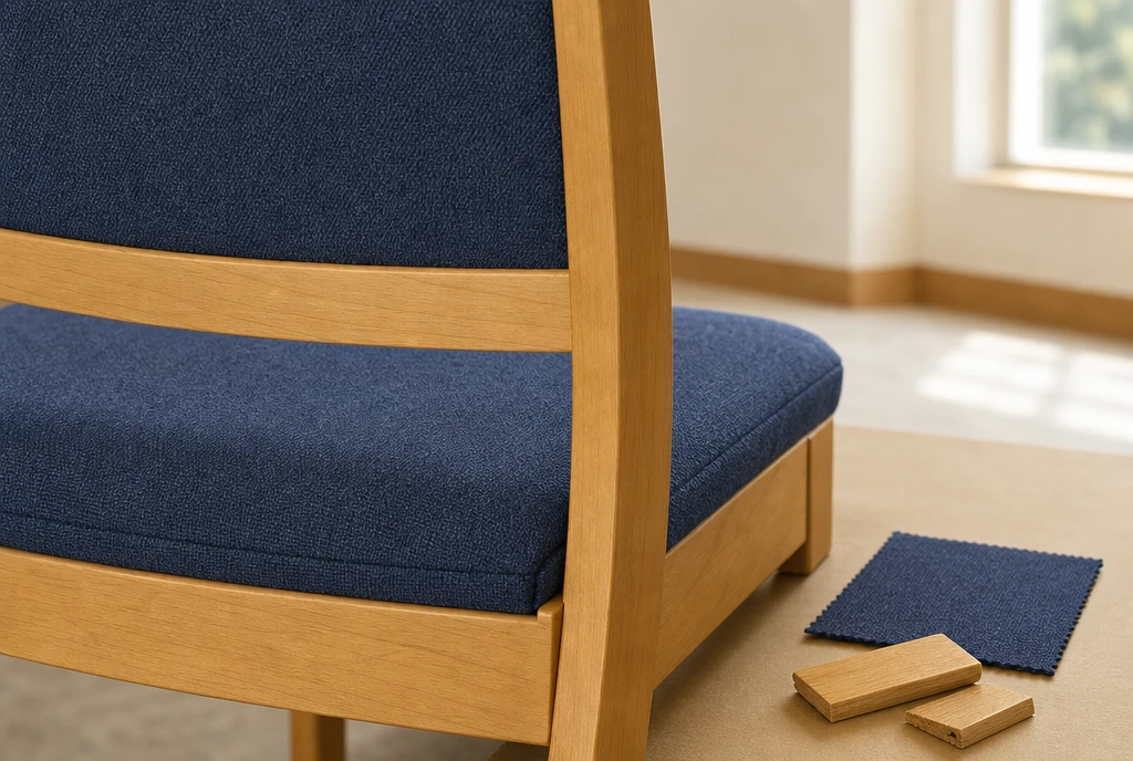 Maple church chair detail with navy upholstery and finish samples