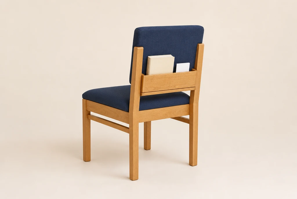 Warm honey-maple hardwood church chair concept with muted navy-blue woven fabric and a rear book rack