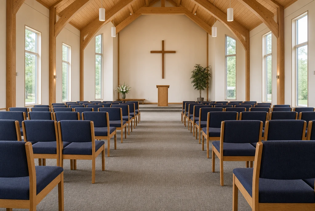 Navy upholstered maple chairs arranged in an illustrative Indiana sanctuary