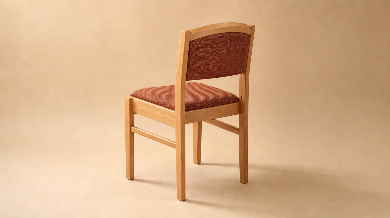 A traditional solid beech church chair with a rounded rectangular upholstered back, slender straight legs and subtle curved top rail, warm honey-beech finish and muted clay-rust woven seat and back with a clean back and no rear book rack