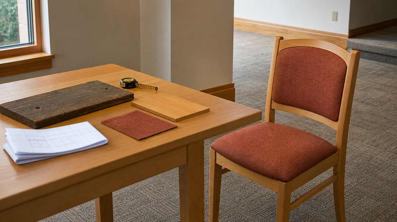 Iowa church chair, finish samples and room-planning materials