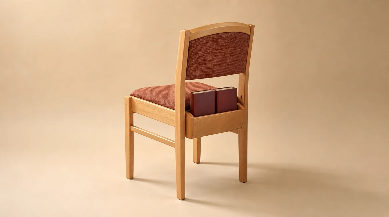 A traditional solid beech church chair with a rounded rectangular upholstered back, slender straight legs and subtle curved top rail, warm honey-beech finish and muted clay-rust woven seat and back with a rear book rack