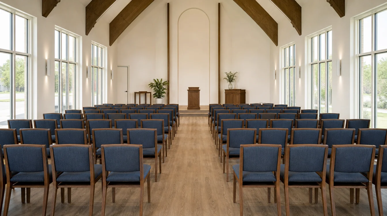 Kansas church sanctuary with rows of a solid ash church chair with a gently arched upholstered back and straight slightly splayed rear legs, medium walnut-brown stained frame and deep muted denim-blue woven seat and back